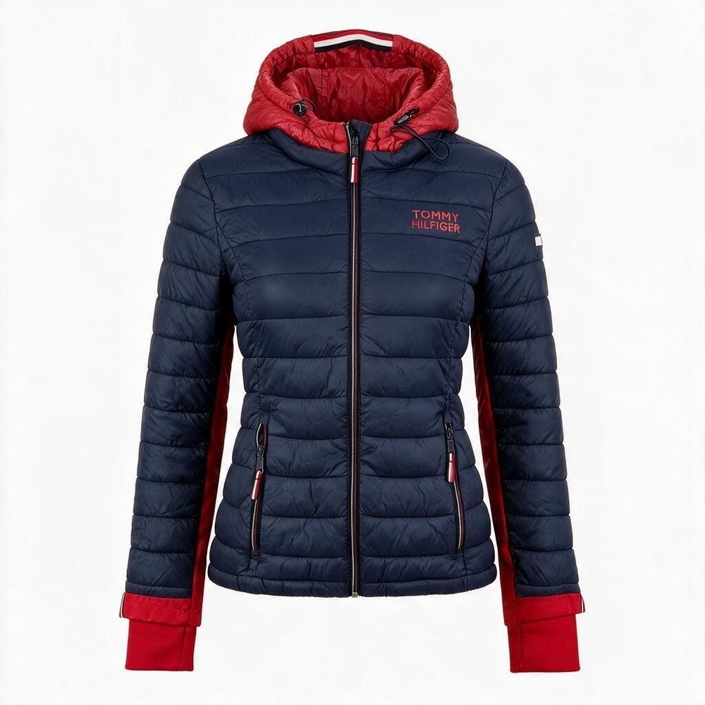 Tommy Hilfiger Puffer Jacket Womens S Navy Red Hooded Packable Lightweight #3070